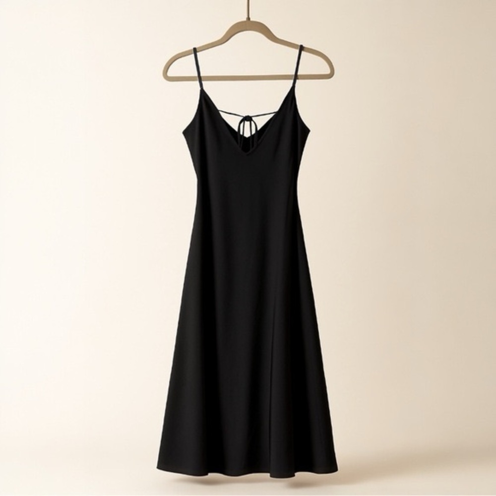 H&M Black Midi Sleeveless Spaghetti Strap Tie Back Button Front Slit Dress sz 4